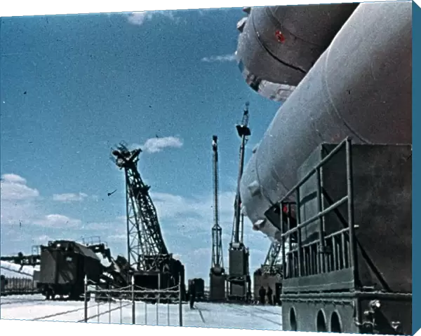 Vostok 1 rocket being prepared for launch, 1961, this is a still from a soviet film of the launch