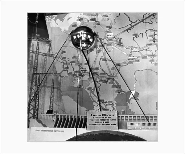 A facsimile of the sputnik 1 satellite on exhibit in moscow, november 1959