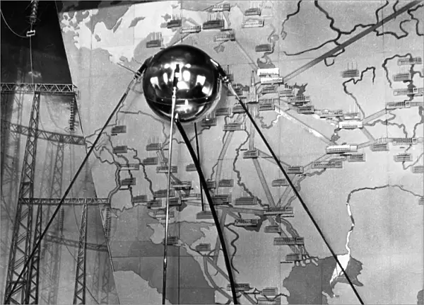 A facsimile of the sputnik 1 satellite on exhibit in moscow, november 1959