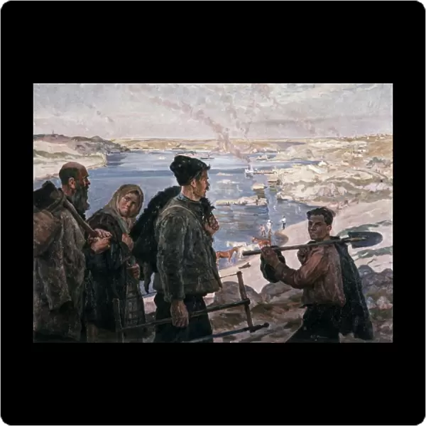 Builders of the dnieper hydro 1937 painting by k, trokhimenko, socialist realism