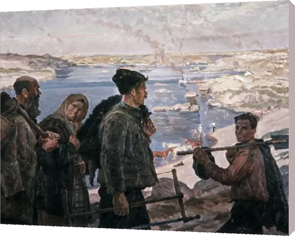 Builders of the dnieper hydro 1937 painting by k, trokhimenko, socialist realism
