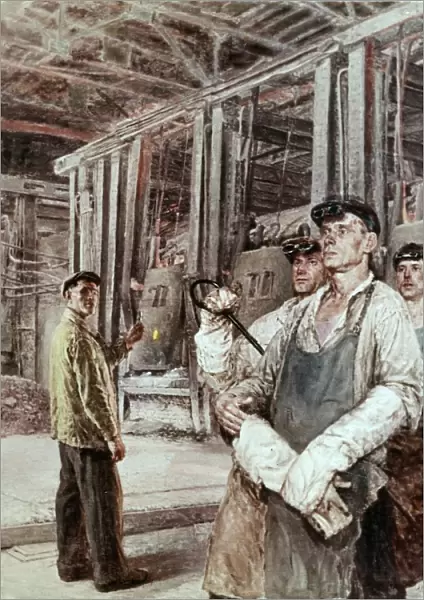 Gussarov, famed steel smelter of the hammer and sickle steel mill and his brigade by g, gorelov, social realism