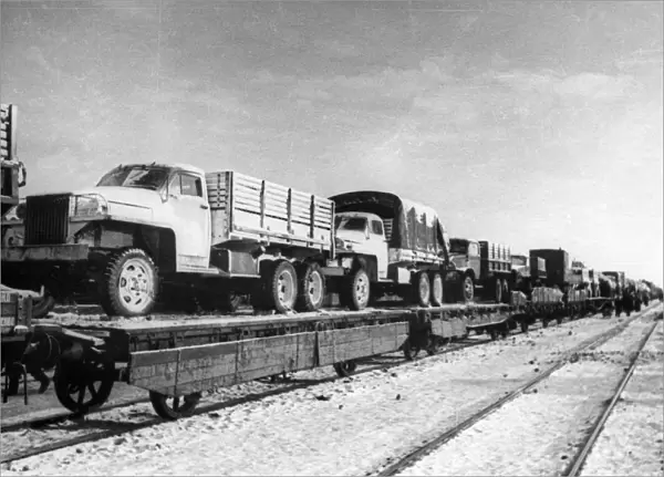 A trainload of trucks arriving for the first polish corps in the ussr (the genrikh dombrovsky 2nd division), the trucks are american, sent as part of the lend-lease program