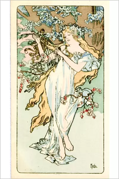 Spring1. Lady in white dress and long blond hair is playing a harp