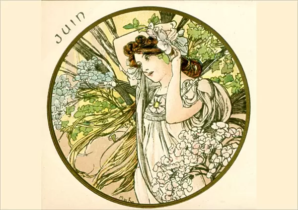 June. Lady in white dress is putting flower in her hair