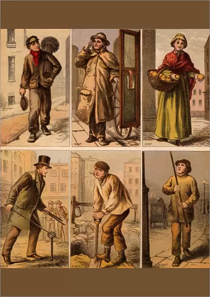 London street scenes. Boy Chimney Sweep: Cab driver: Orange Seller: Water Board Man