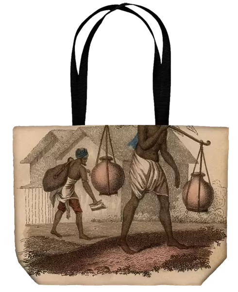 Indian water carriers: Man in foreground carries two ceramic pots balanced on either