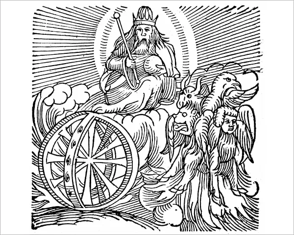 Ezekiels vision of chariot in sky c. 614 BC. Bible Ezekiel II: 9. One modern explanation