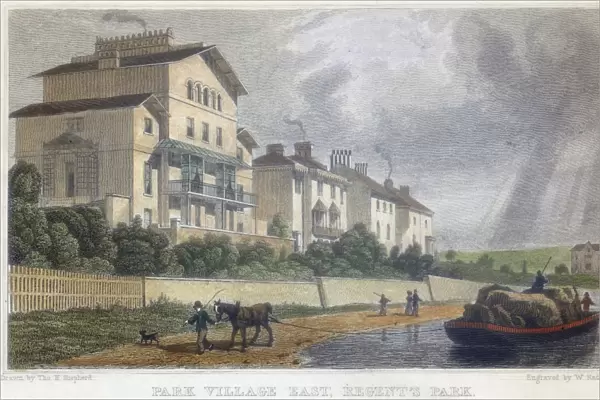 Horse hauling a barge on the Regents Canal at Park Village East, London. Illustration