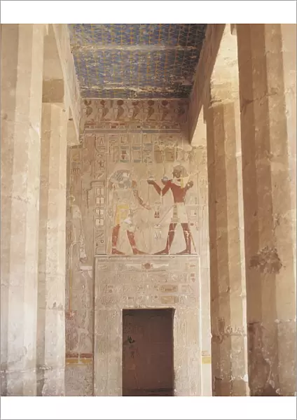Egypt, Old Thebes, Luxor, Deir el-Bahri, Temple of Hatshepsut, New Kingdom, 18th dynasty, Anubis Chapel, wall with painted reliefs and ceiling with stars