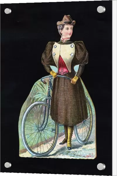 Cycling: American display card showing ladies cycling dress c1890. Skirt worn
