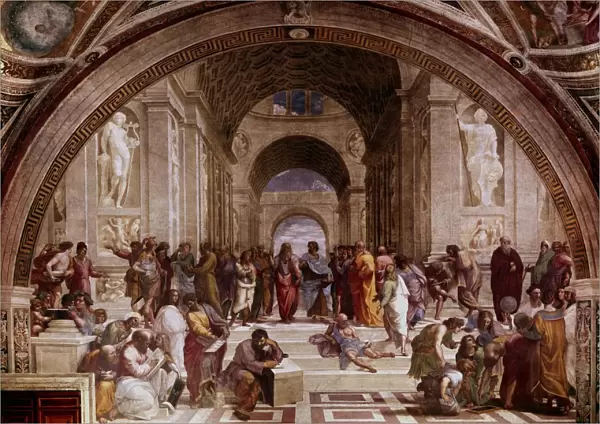 The School of Athens showing Greek philosophers and scientist with Plato (428-348 BC)