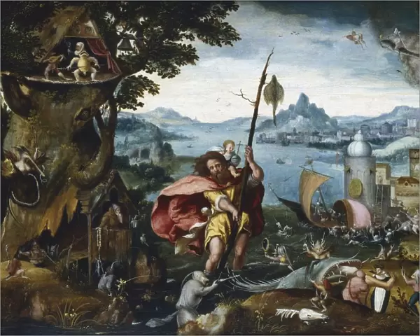 St Christopher Crossing the River. St Christopher reaches the bank with the Christ
