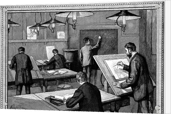 Ecole des Ponts-et-Chaussees, Paris. Students at their studies. Wood engraving, Paris