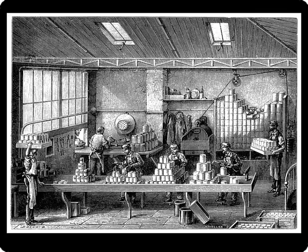 Filling and soldering cans of food. Wood engraving Paris c1870