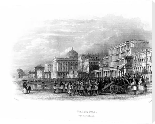 British troops parading on the Esplanade, Calcutta, India. Mid-19th century steel engraving