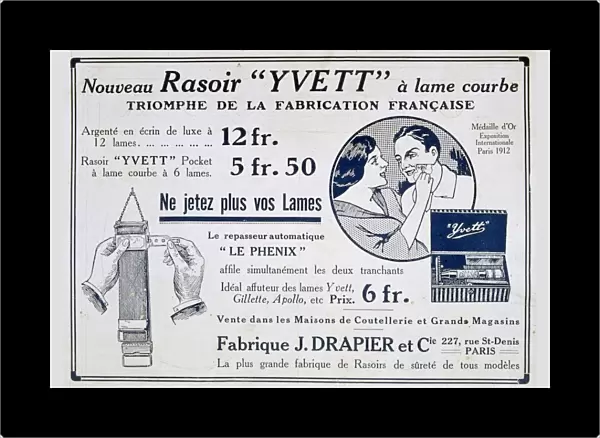 Advertisement for the Yvett pocket razor and a strop for sharpening razors. From