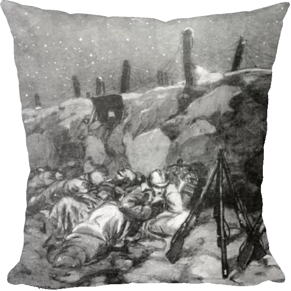 World War I 1914-1918. French soldiers on a cold, starry night behind a bank with