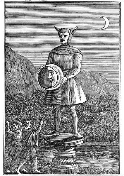 Saxon idol of the Moon shown holding a disc which displays the phases of the Moon