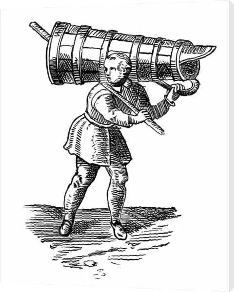 An apprentice, carrying a vessel wooden as tall as himself, on his way to fetch water