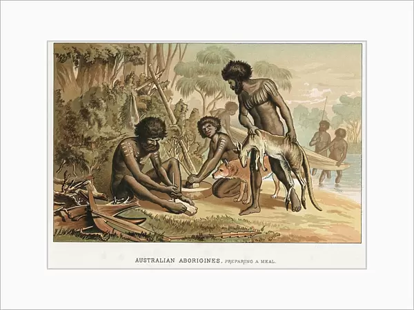 Australian natives preparing meal from animal they have hunted. Man on left makes