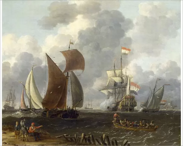 Dutch Warship in a Calm Sea Artist, Abrham Storck (c1635-1704). Oil on wood