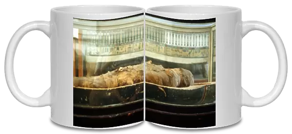 Mummy wrapped in bandages and lying on base of coffin. Cairo Museum. Egypt