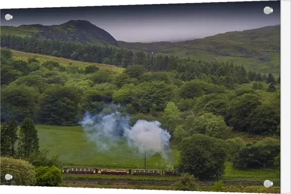 Welsh railway and puffing engine pulling carriages, northern Wales, United Kingdom