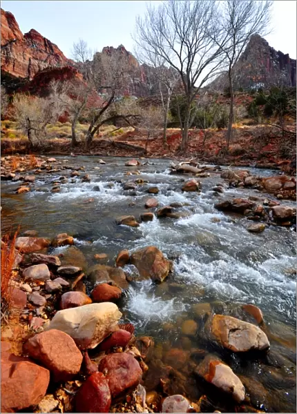 A winter scene of the Virgin river near Springdale, Utah, USA