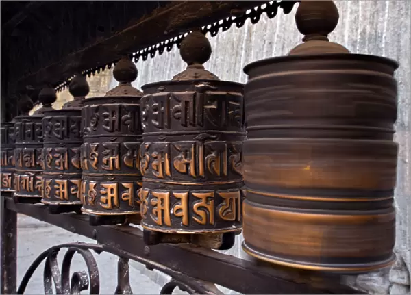 A spinning prayer wheel, Kagbeni, Mustang, Annapurna region, Himalayas, Nepal