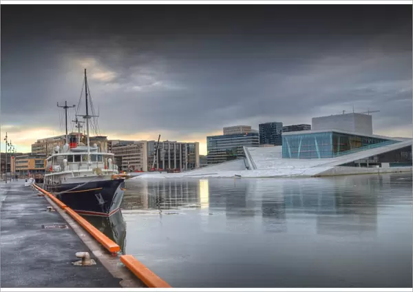 A waterfront scene in Oslo Harbour during winter, Norway