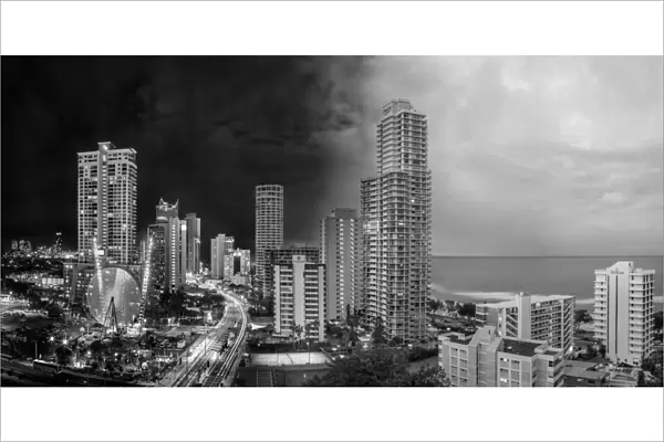 Gold Coast skyline night and day in black and white