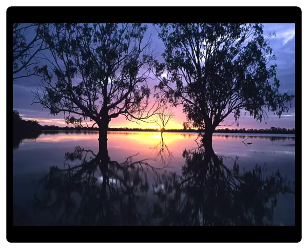 Australia, Victoria, flooded Hattah Lakes at sunset
