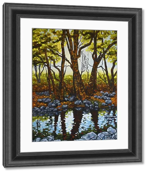 Trees and Rocks Reflected in a River with Afternoon Sunlight Original Landscape Artwork