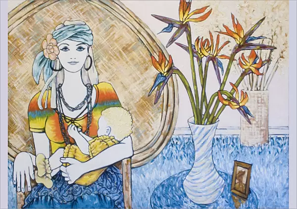 Young Hippie Woman with Baby Oil Painting