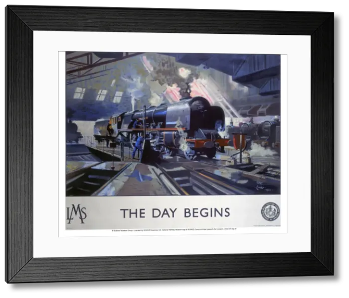 Framed Print : The Day Begins Print, 1946 LMS locomotive poster Framed Print : The Day Begins Print, 1946 LMS locomotive poster
