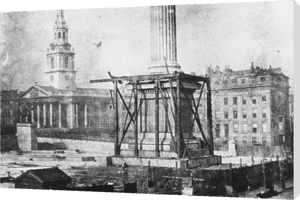 No Lions. circa 1843: Trafalgar Square, the base of Nelsons column surrounded
