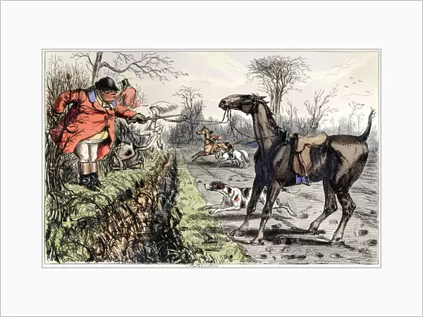 Angry foxhunting man whose horse is refusing a jump