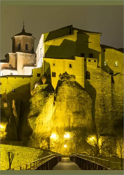 Hanging houses illuminated in the night, Cuenca, Castilla La Mancha, Spain