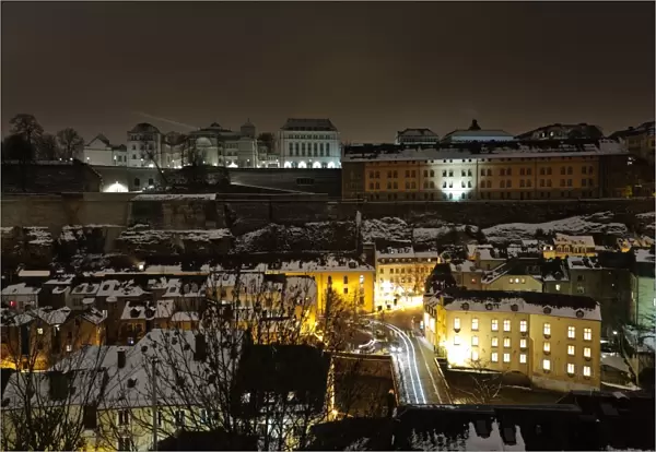 Luxembourg old city at night and snowcapped