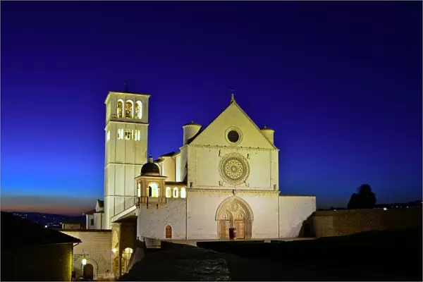 Medieval Basilica of San Francesco at dusk, Assisi
