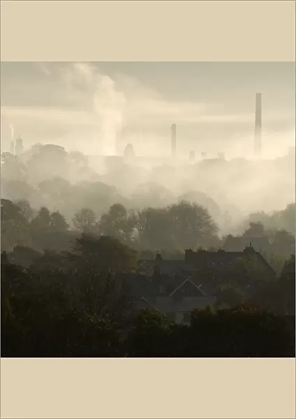 Saltaire. Mist around industrial and historical village of Saltaire in Yorkshire
