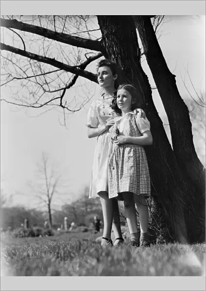 Mother and daughter (8-9) standing under tree