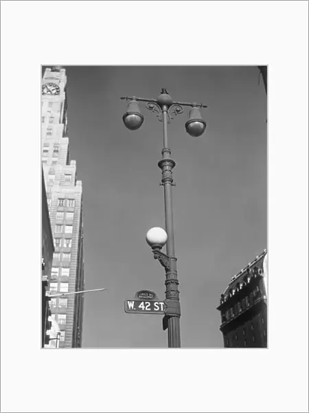USA, New York, New York City, lamp post on West 42nd Street, low angle view