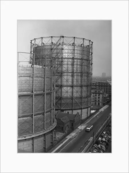 Large grain silos, (B&W), (high angle view)