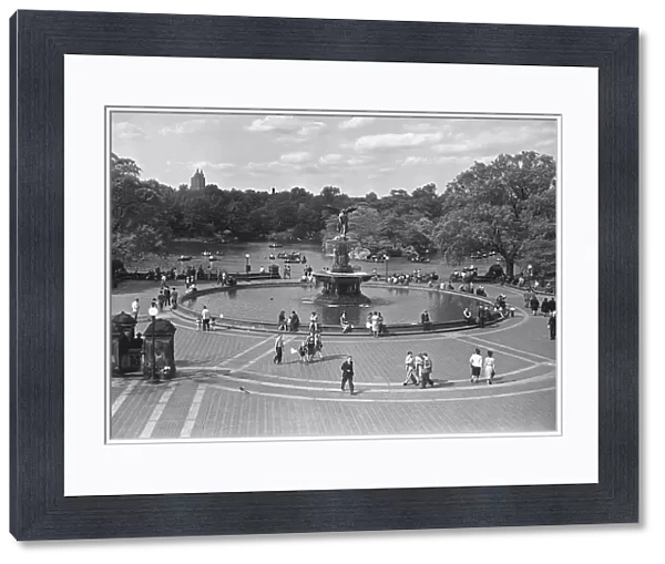 People walking around Bethesda Fountain in Central Park, New York USA, (B&W), elevated view