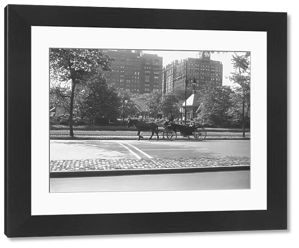 Horse carriage riding on street, (B&W)