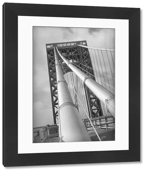 Iron bridge span, (B&W), low angle view
