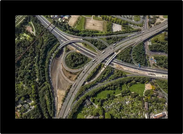 Aerial view, junction of motorways A59 and A42, extension and rebuilding of the A59 motorway, Duisburg, Ruhr Area, North Rhine-Westphalia, Germany