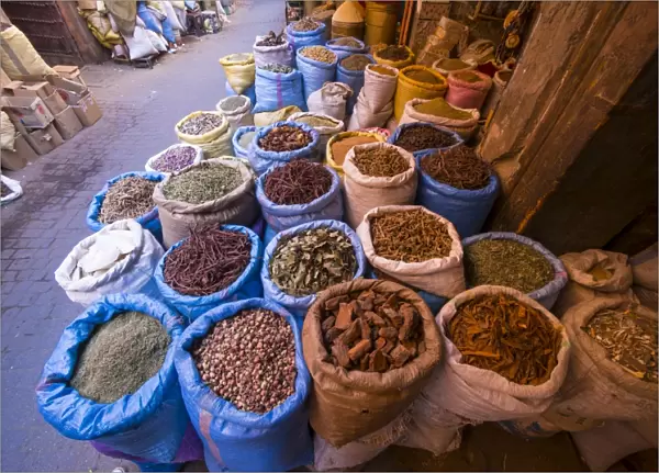 Bags of spices in the historic Medina, Souk, market, Marrakech, Marrakech-Tensift-Al Haouz, Morocco